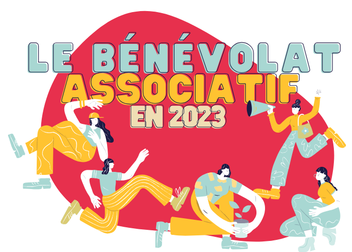 Vignette Article du Mouvement Associatif PACA : Le bénévolat associatif en 2023 par Recherche et solidarité - personnages dynamiques sur fond fushia