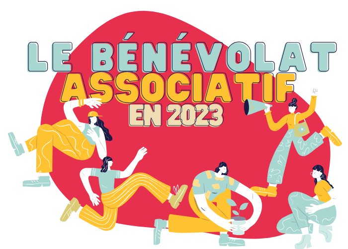 Illustration Article du Mouvement Associatif PACA : Le bénévolat associatif en 2023 par Recherche et solidarité - personnages dynamiques sur fond fushia