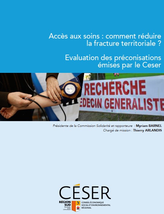 Première page du document "COMMUNICATION – Accès aux soins : comment réduire la fracture territoriale ? Evaluation des préconisations émises par le CESER région Sud" Cliquez dessous pour ouvrir le docuemnt PDF en ligne