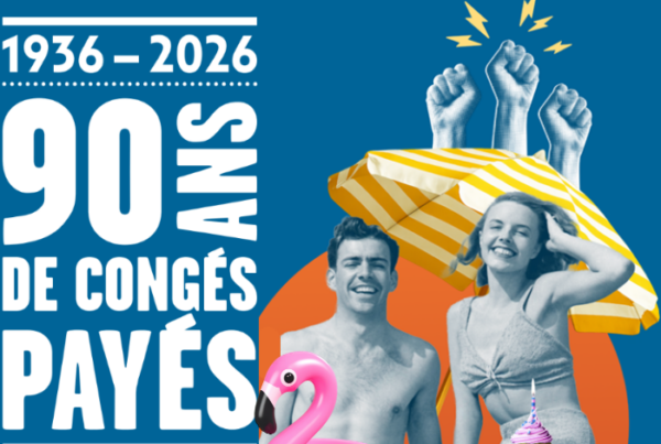 montage 90 ans congés payés, couple à la plage avec parasol bouée et gateau d'anniversaire