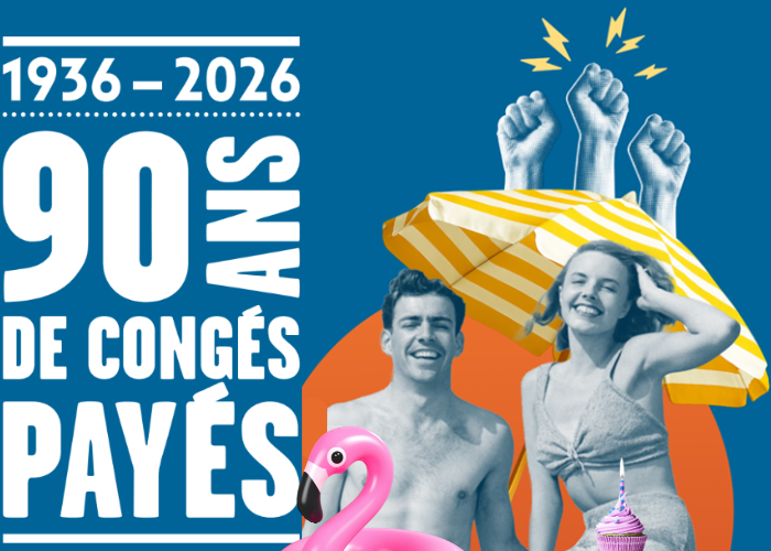 montage 90 ans congés payés, couple à la plage avec parasol bouée et gateau d'anniversaire